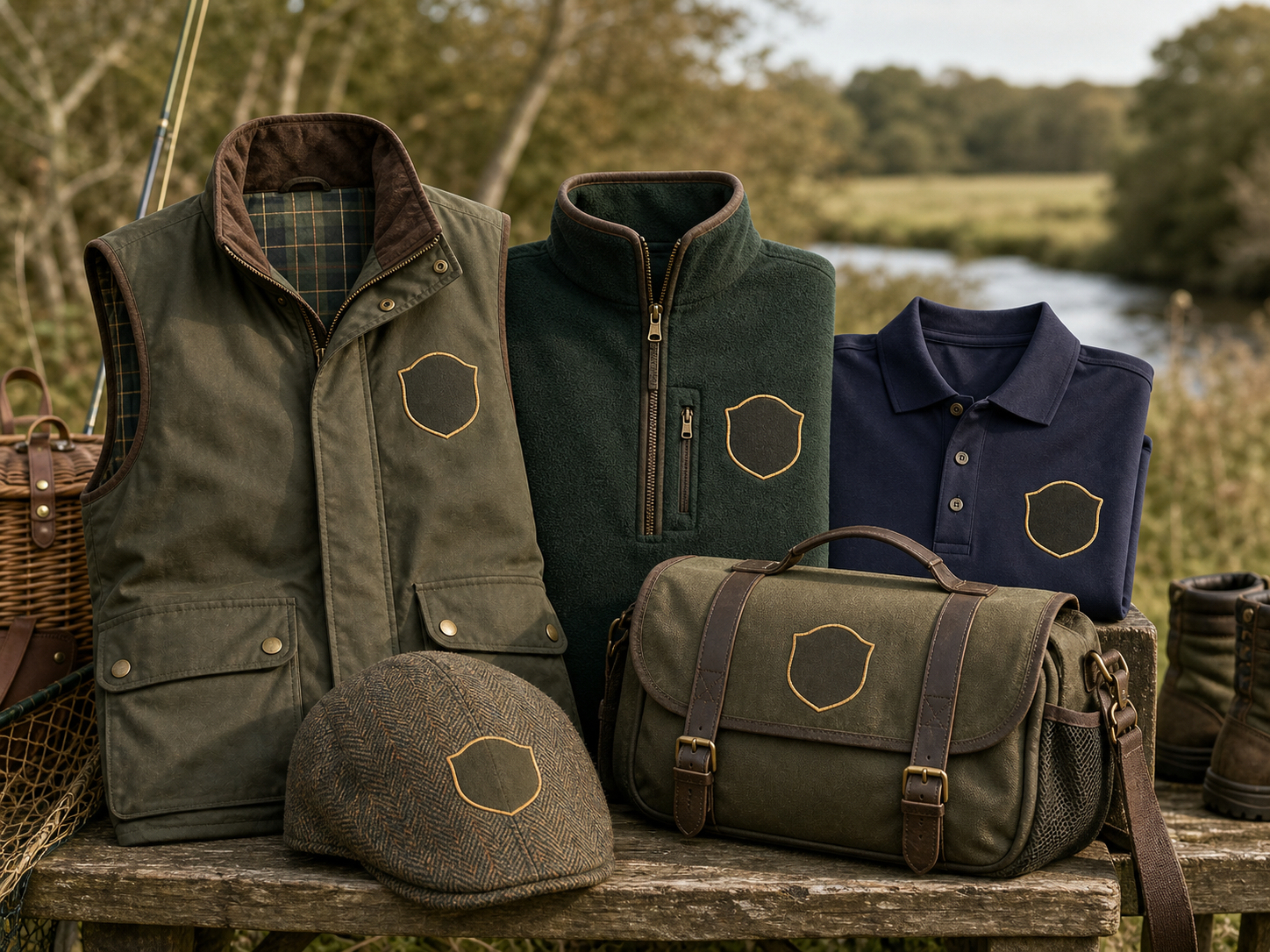 Outdoor club gilet, fleece, polo shirt, flat cap and fishing bag with embroidered crest areas