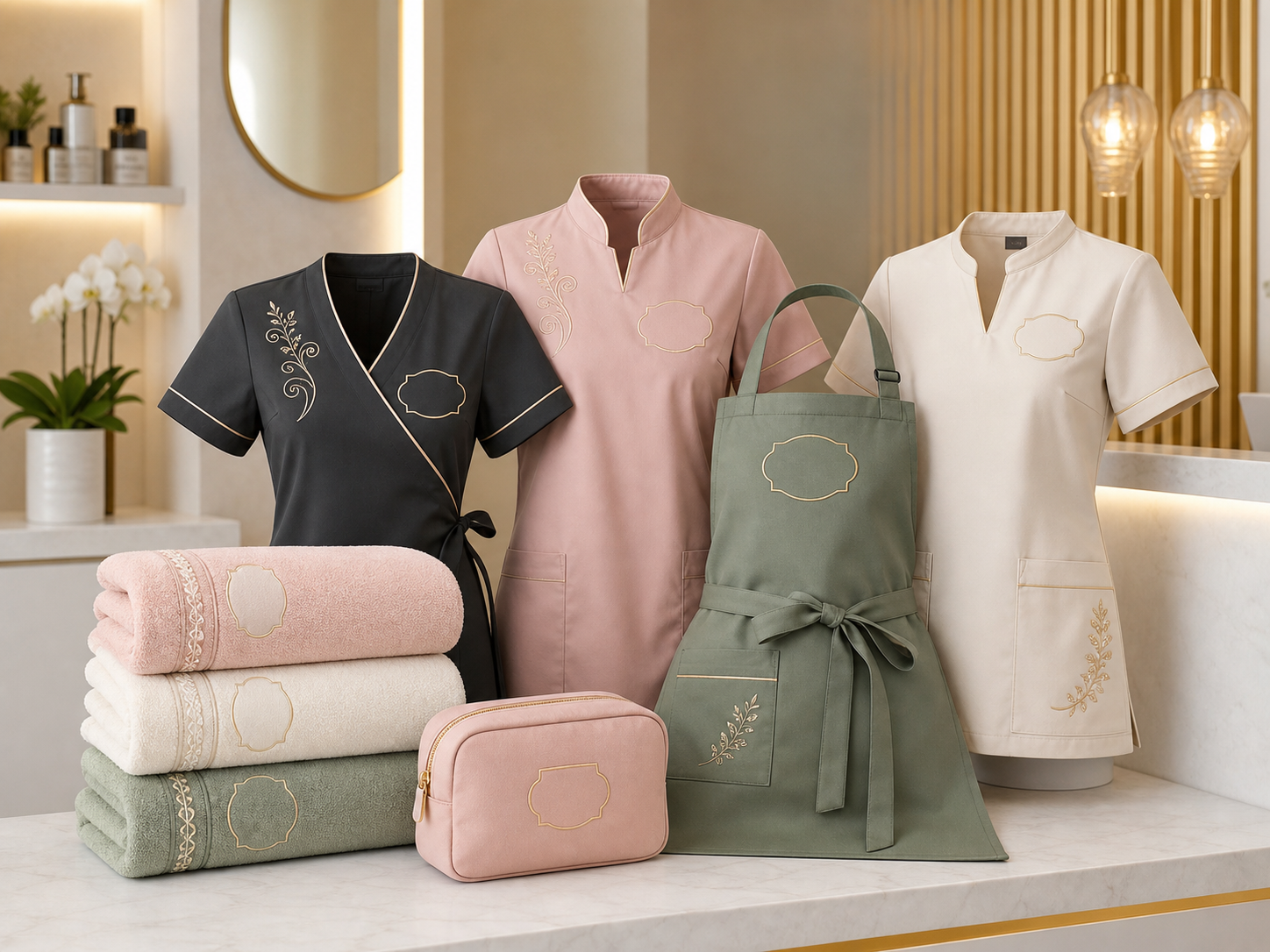 Salon tunics, apron, towels and beauty pouch with embroidered logo areas