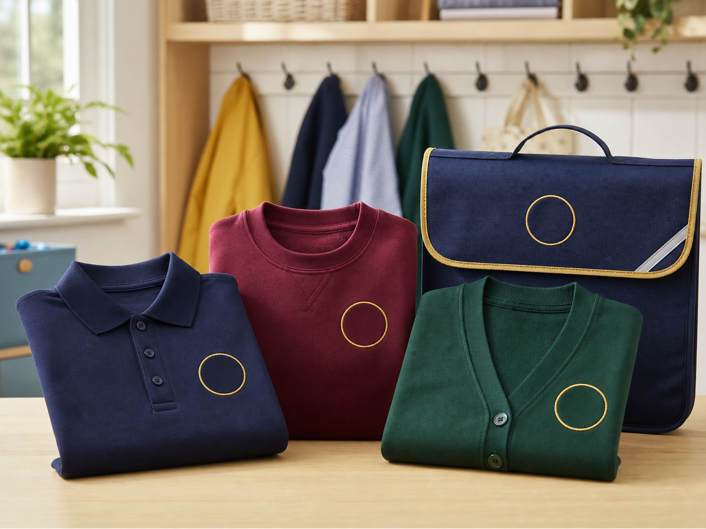 School polo shirts, sweatshirts, cardigan and book bag with embroidered badge areas